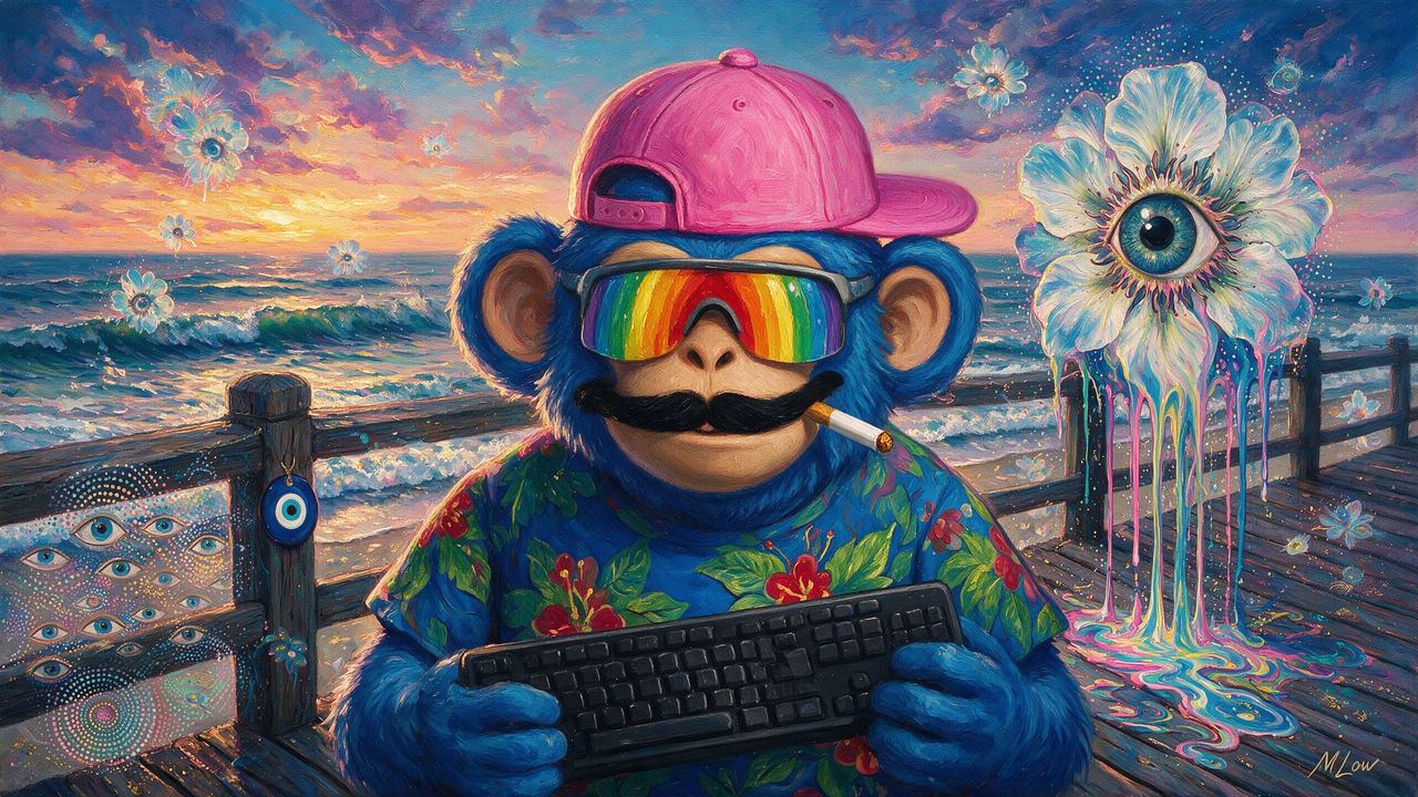 Walta, portrait painted by MLow: Typing on the Rockaway Boardwalk