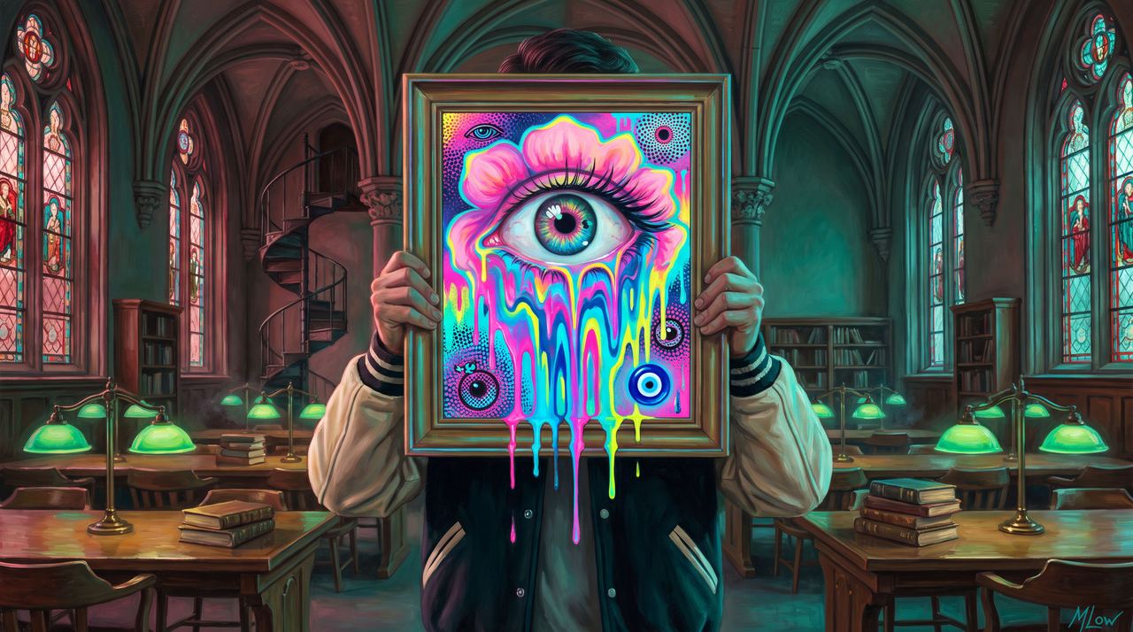 wikisam.eth, portrait painted by MLow: The Golden Eye Flower in the Library