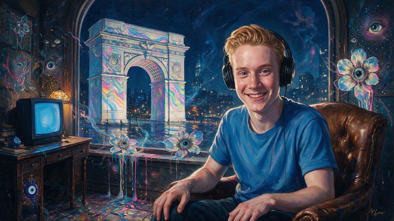 William Clemente III, portrait painted by MLow: Headphones Over Washington Square