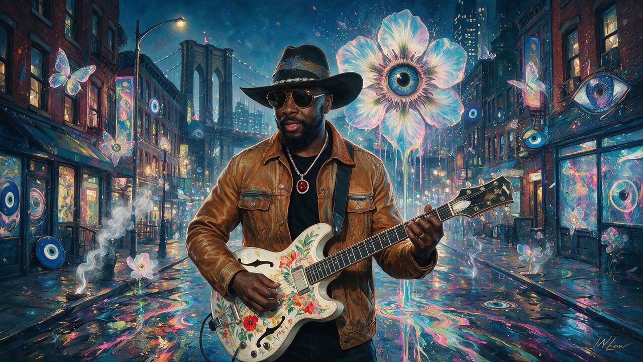 Wyclef Jean, portrait painted by MLow: Flowered Guitar, Bridge Behind