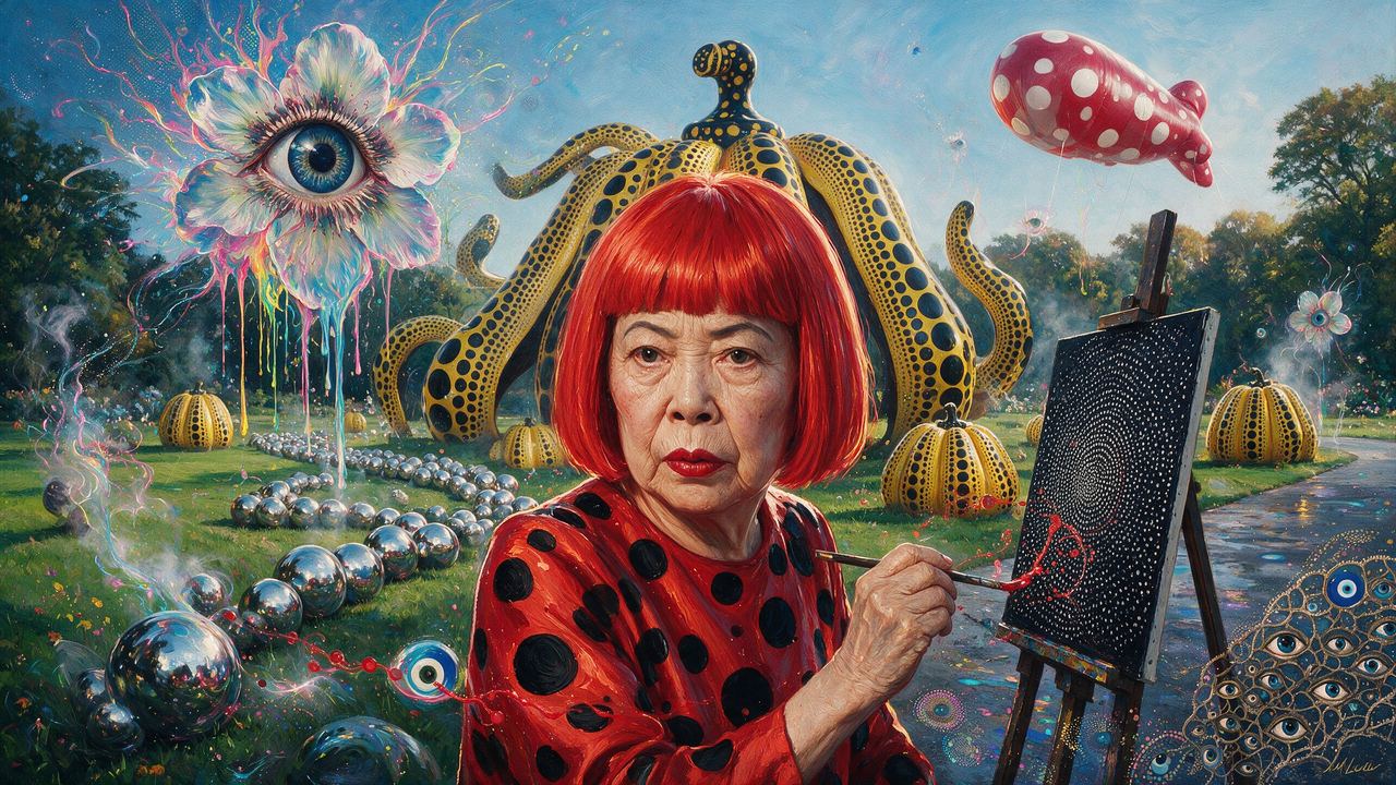 Yayoi Kusama, portrait painted by MLow: Dots Over the Bronx