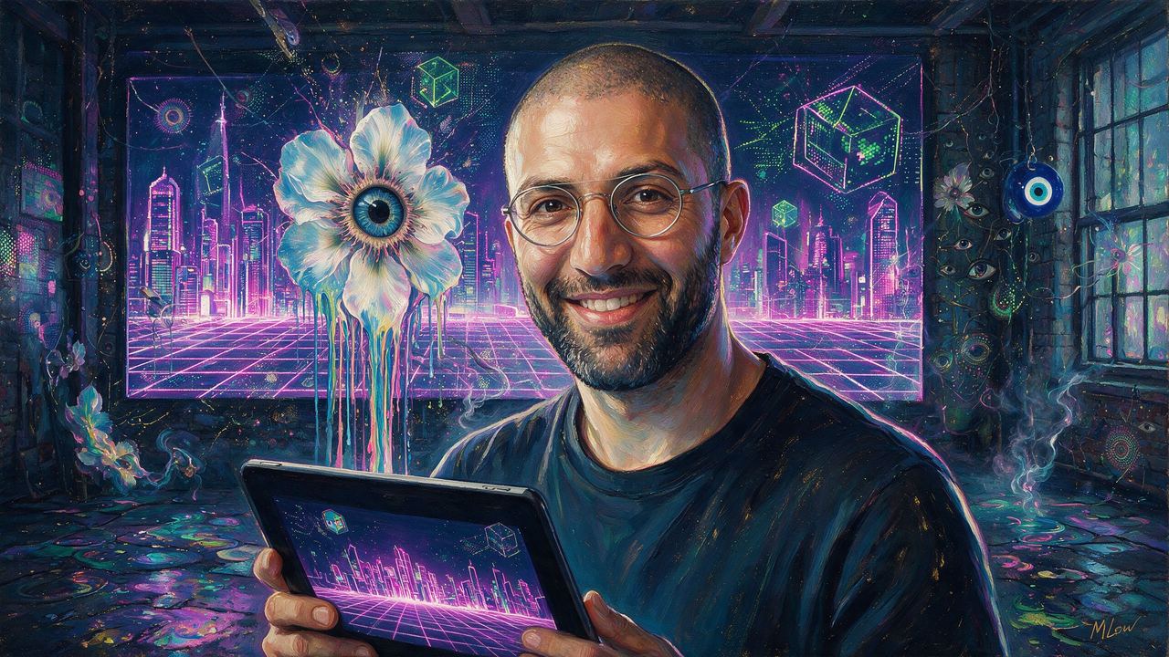 Yossi Hasson, portrait painted by MLow: Neon Grid Warehouse