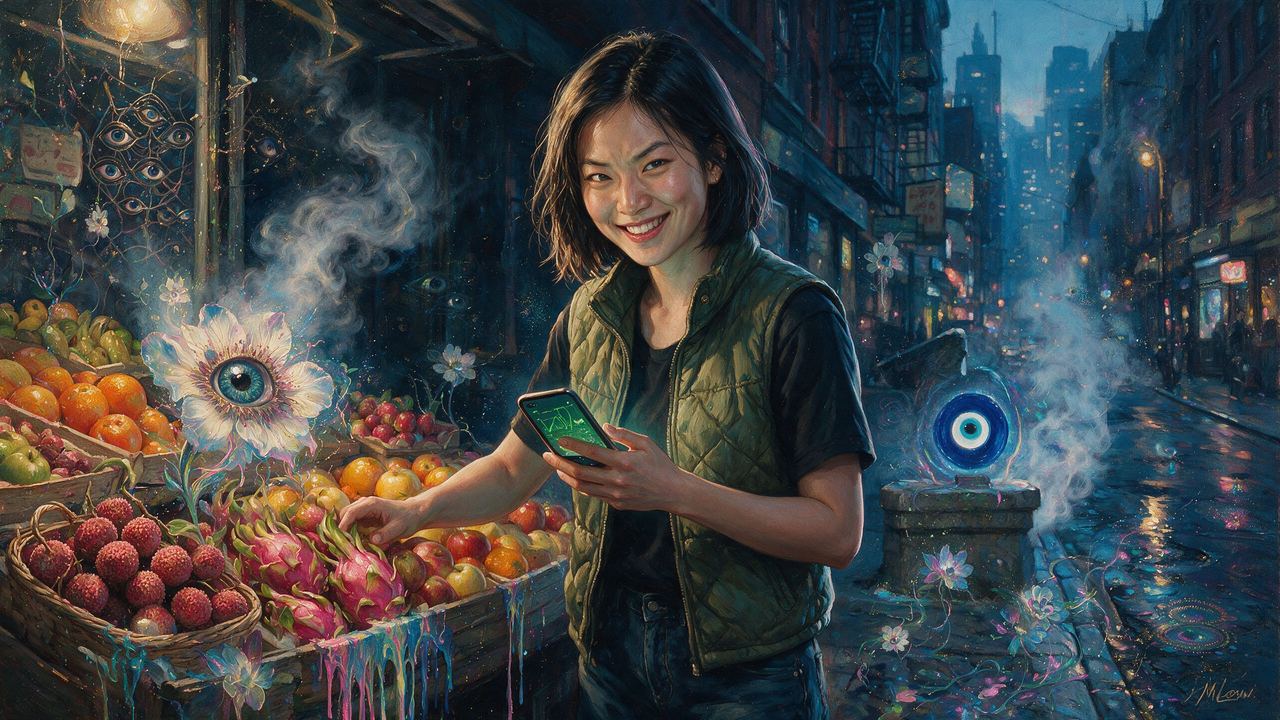 zeri_term, portrait painted by MLow: Fruit Stand on Mott Street