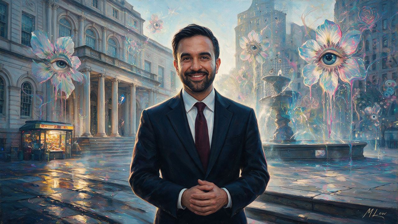 Zohran Mamdani, portrait painted by MLow: Morning at City Hall