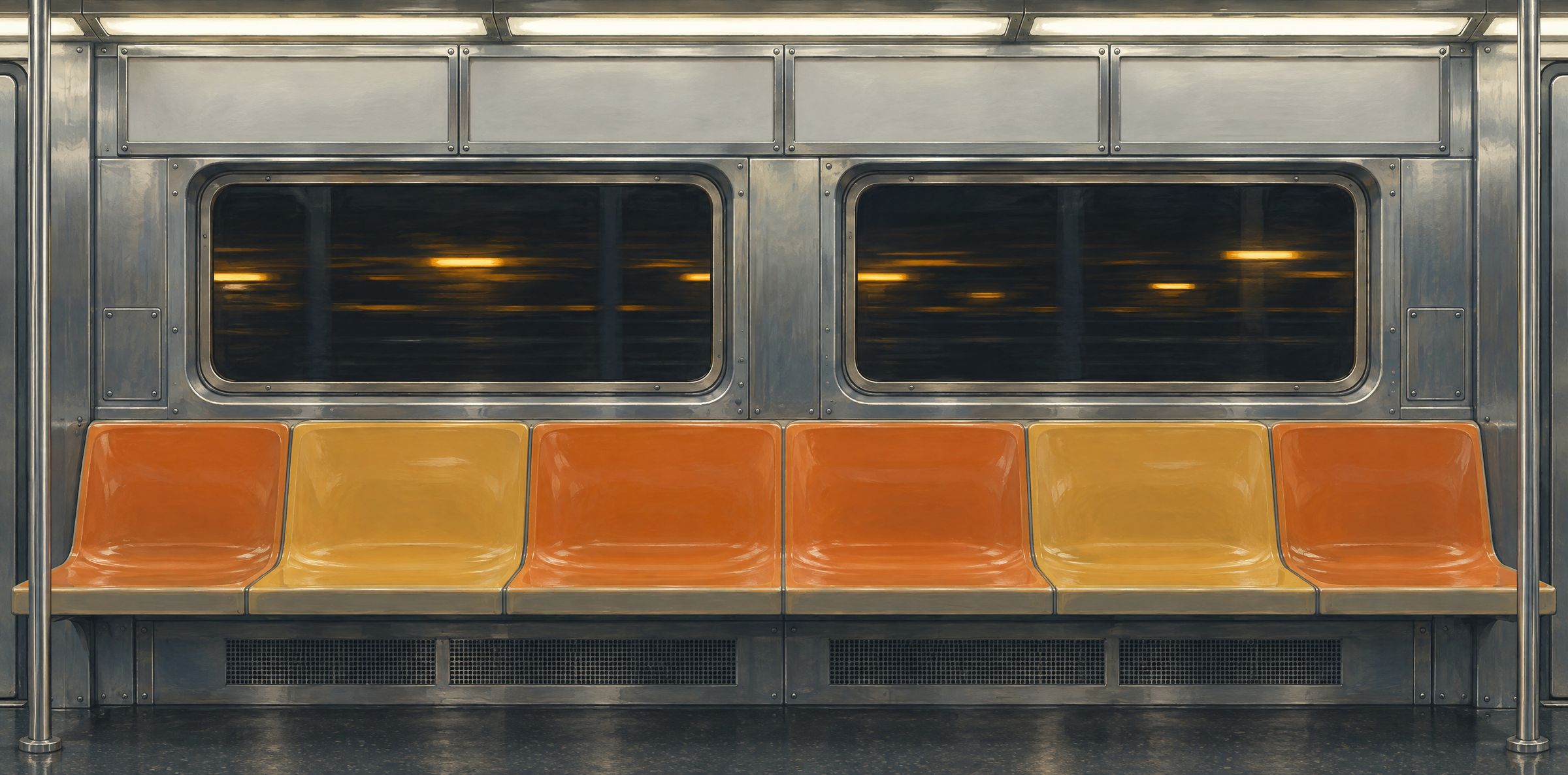 Inside a New York subway car, the car card frames above the windows