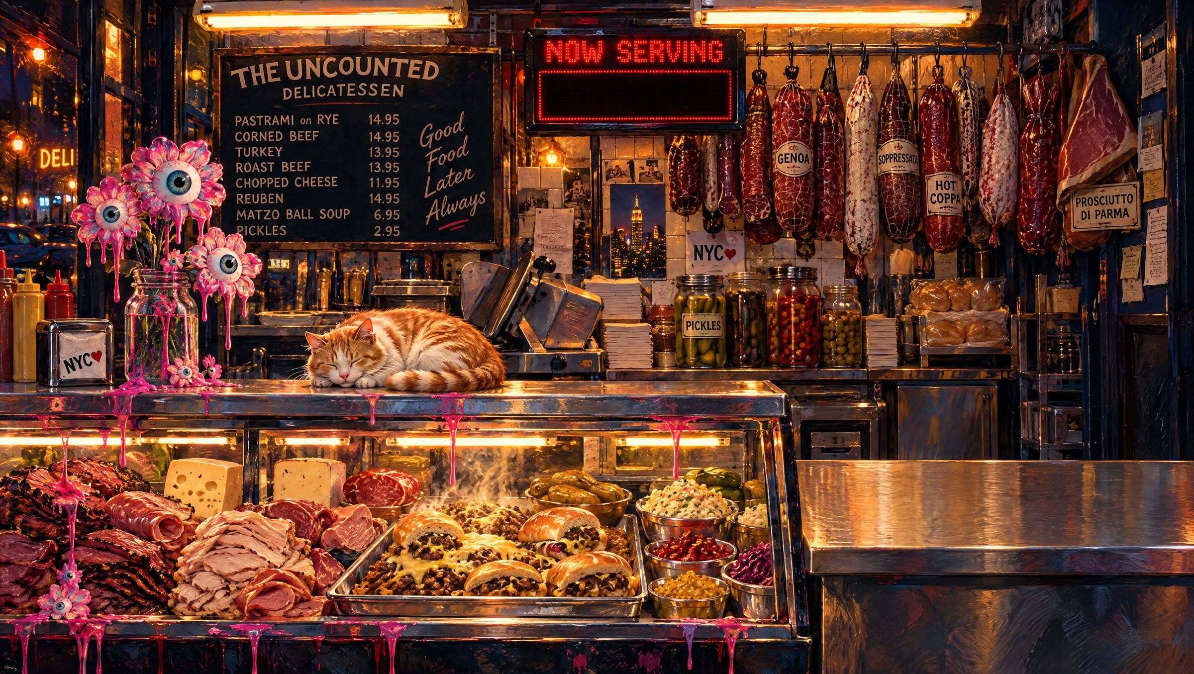 The Uncounted Delicatessen at night, a NOW SERVING sign over the counter, a cat asleep on the case