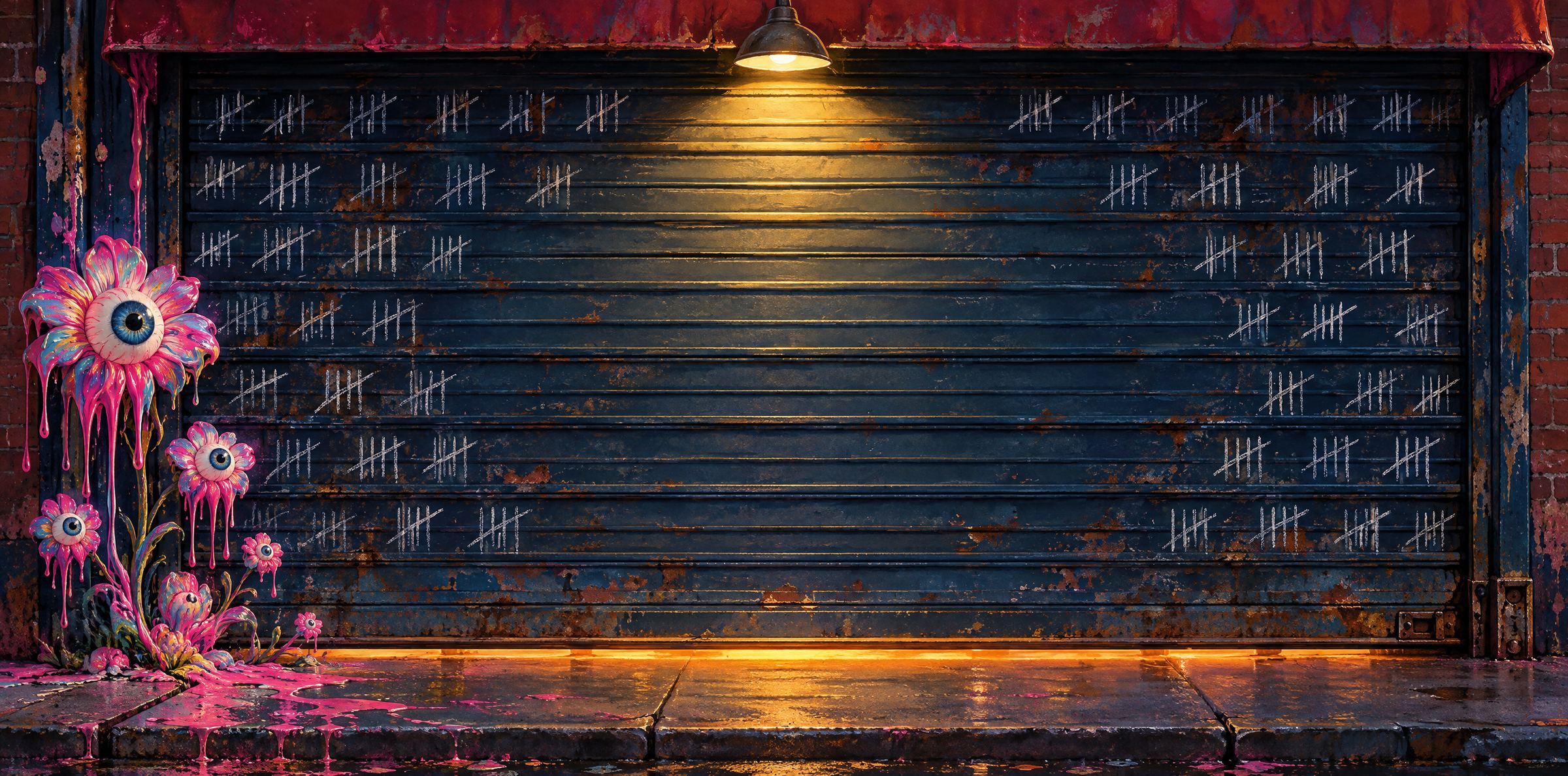 A steel roll gate covered in chalk tally marks, rolling up
