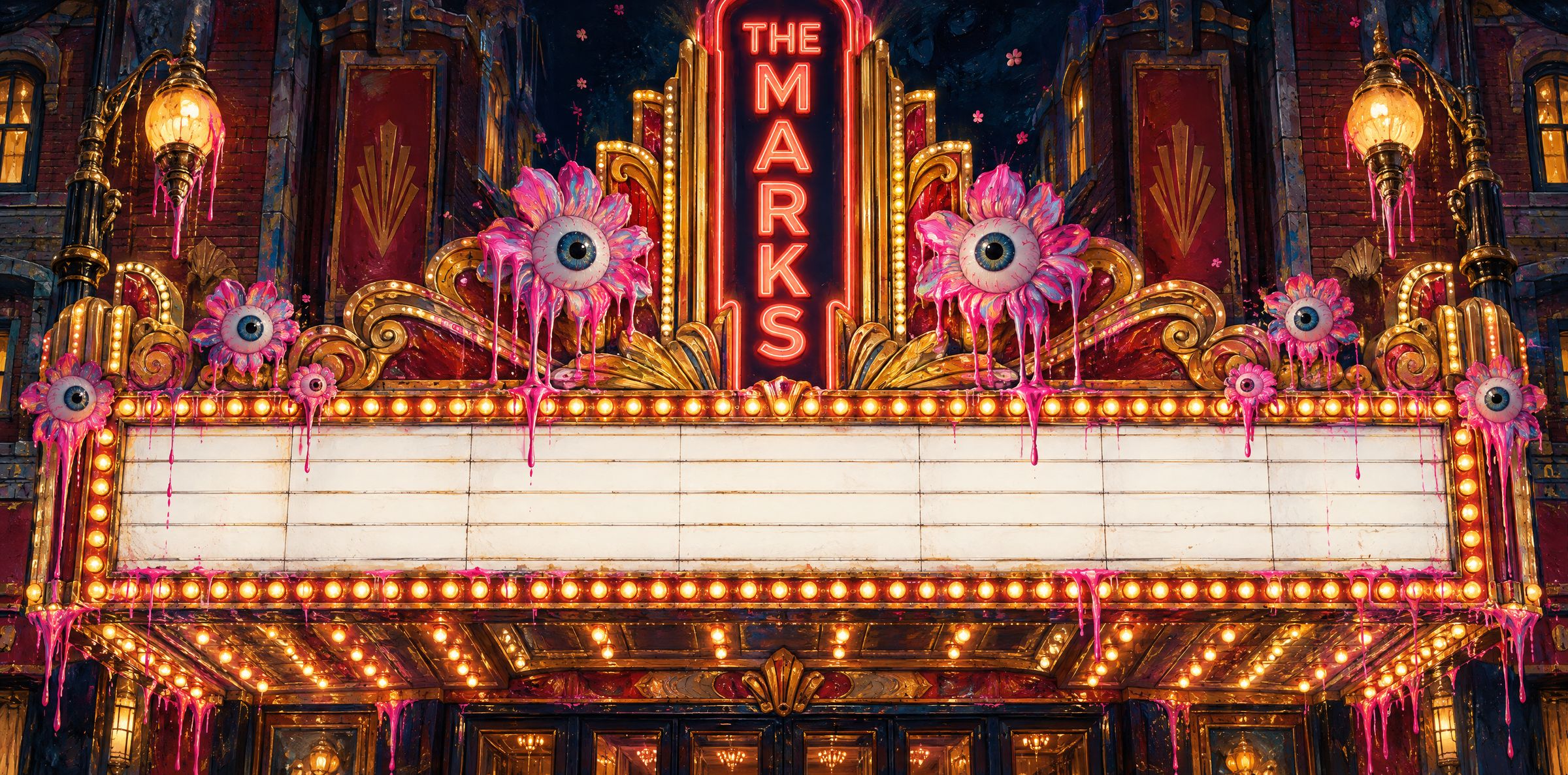 A Broadway marquee at night with THE MARKS in neon