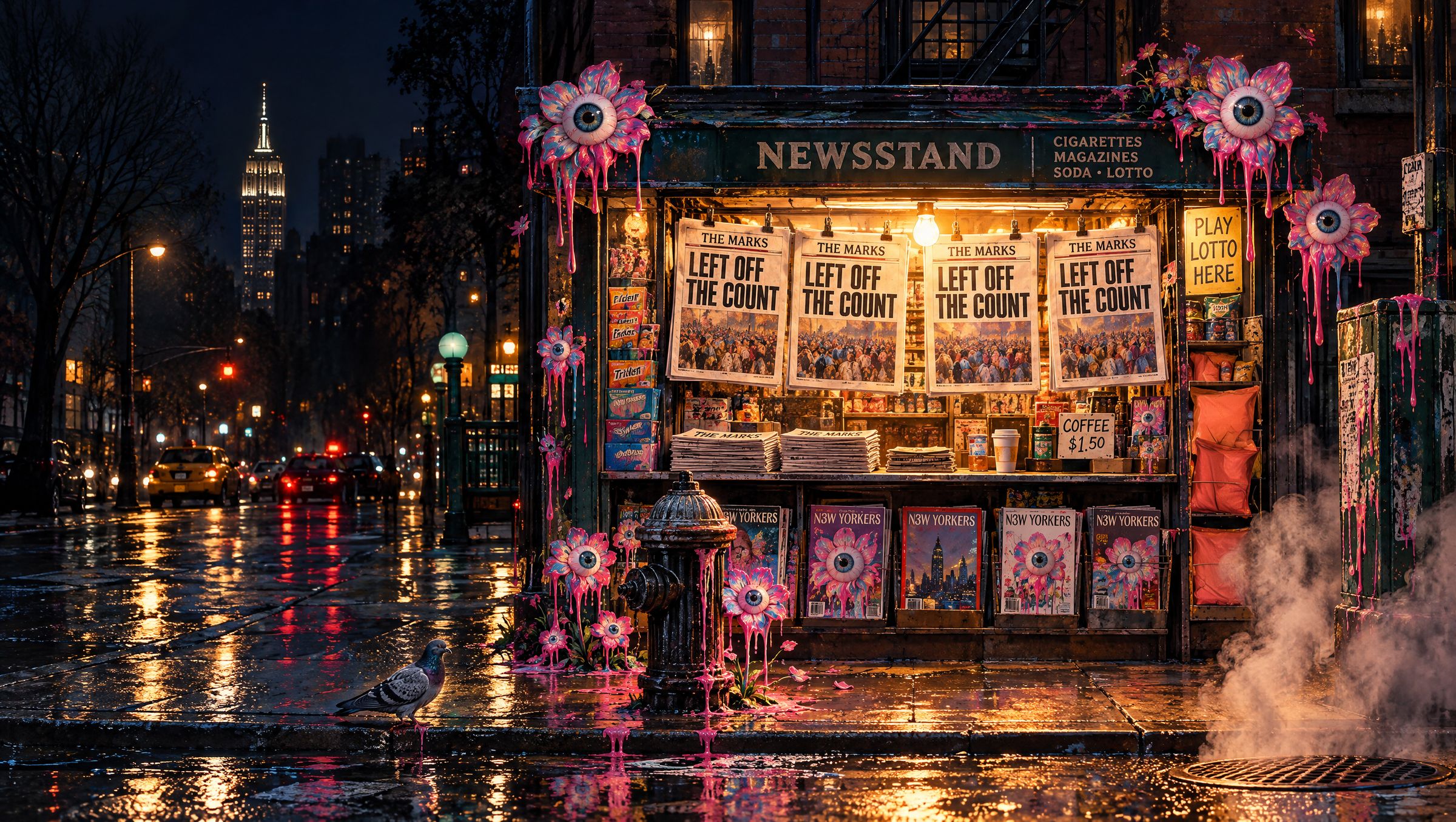 A New York newsstand at night, every paper on the rack reads LEFT OFF THE COUNT, eye flowers dripping down the kiosk