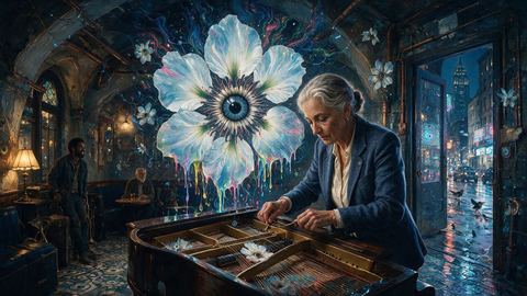 Rivka Halpern, a woman who sold merch from a card table for two decades, painted by MLow