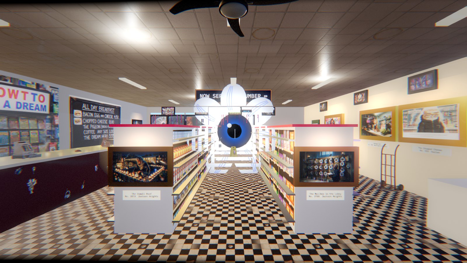 Pigeonhole Deli Grocery: one eye, from one sticker on the floor, THE PIGEONHOLE by MLow