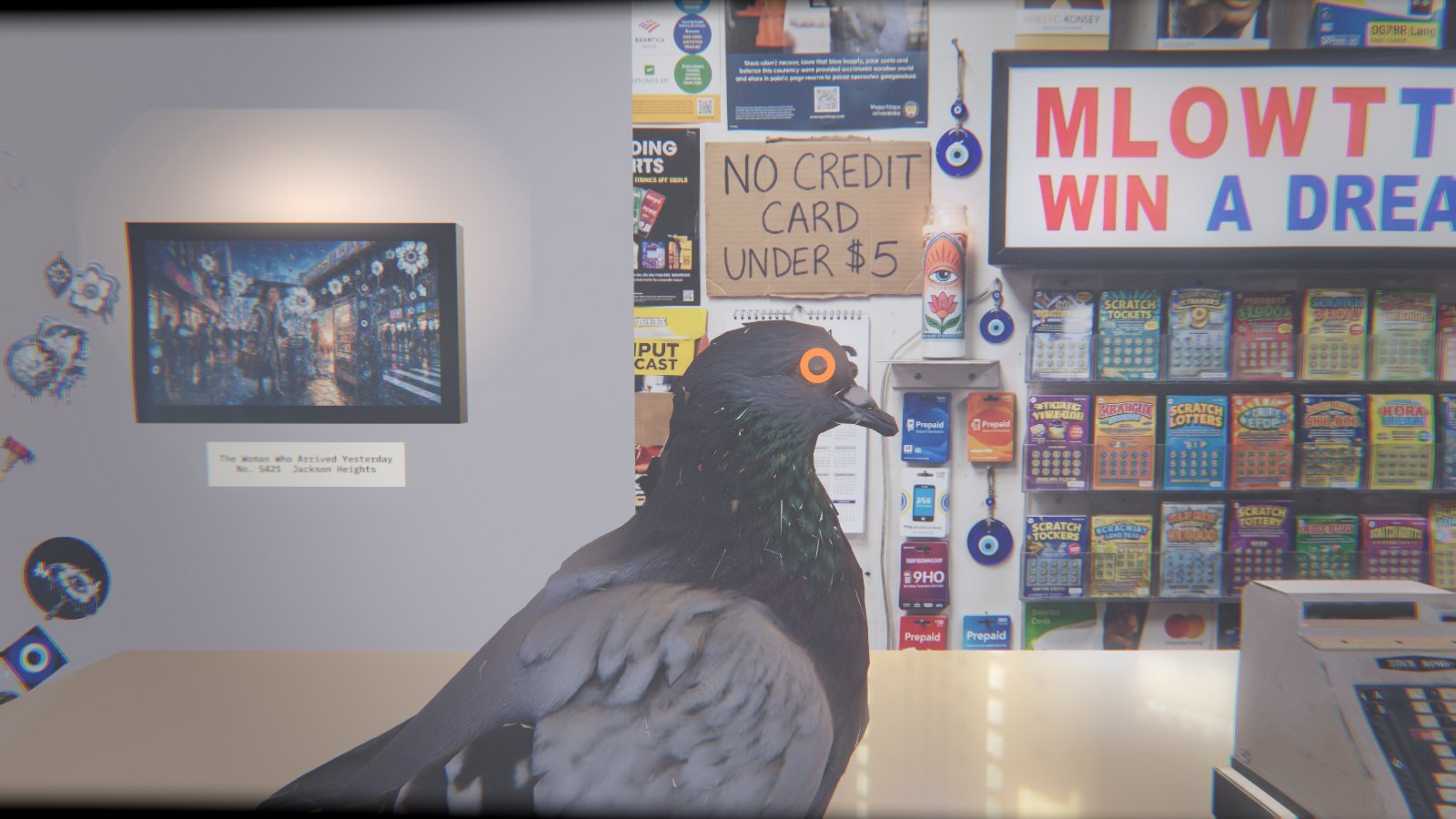 The pigeon on the counter. Her eye is a door, THE PIGEONHOLE by MLow