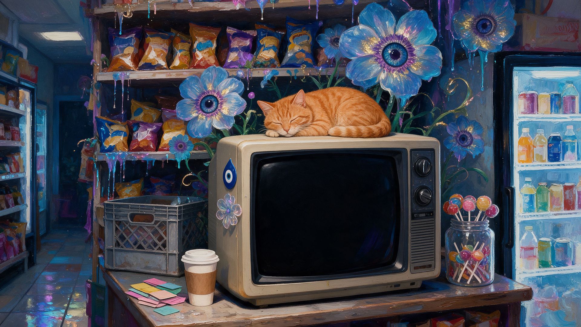 A bodega counter at night: an old CRT television with a sleeping orange cat on top, eye-flowers on the shelves