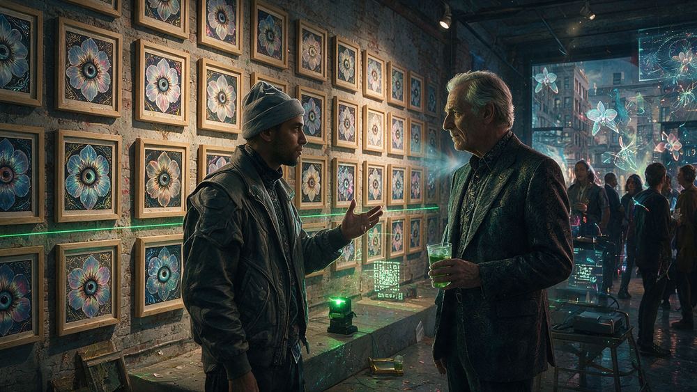 Waleed Khalil, a man explaining a QR code to a collector twice his age
