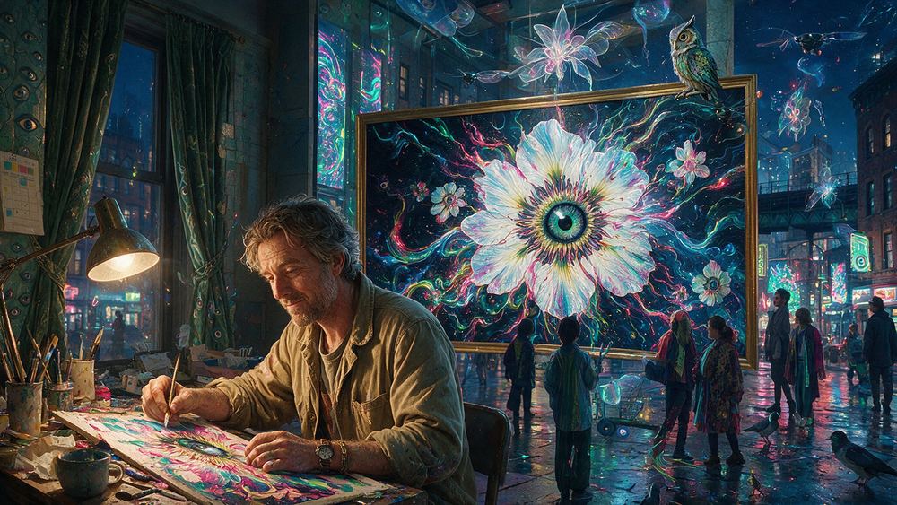 Lech Petrovic, a man who draws at a desk under one lamp in a Bronx apartment