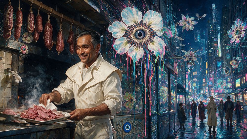 Rajesh Raghunathan, a man who runs the steam table of brisket and tongue