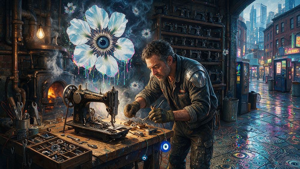 Moshe Landau, a sewing machine repairman with forty machines waiting