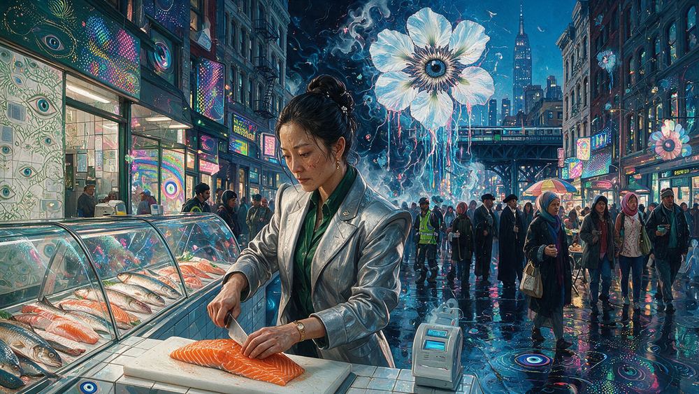 Soo-jin Nakamura, a woman who hand slices smoked salmon in a narrow white tiled shop