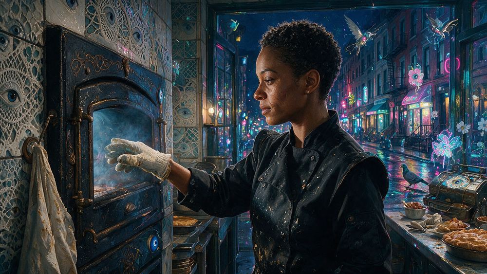 Aaliyah Pryor, a chef in a candlelit room who makes eighty pies a night and no more