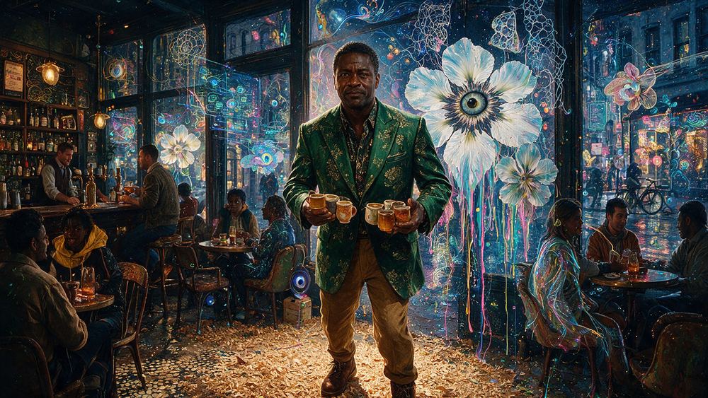 Lamont Foster-Ames, a man carrying ten small mugs in two hands across a sawdust floor