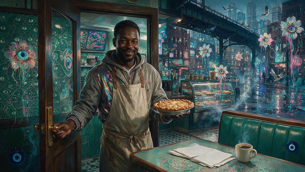 Ousmane Adeyemi, a baker who fills the pie case before the room opens