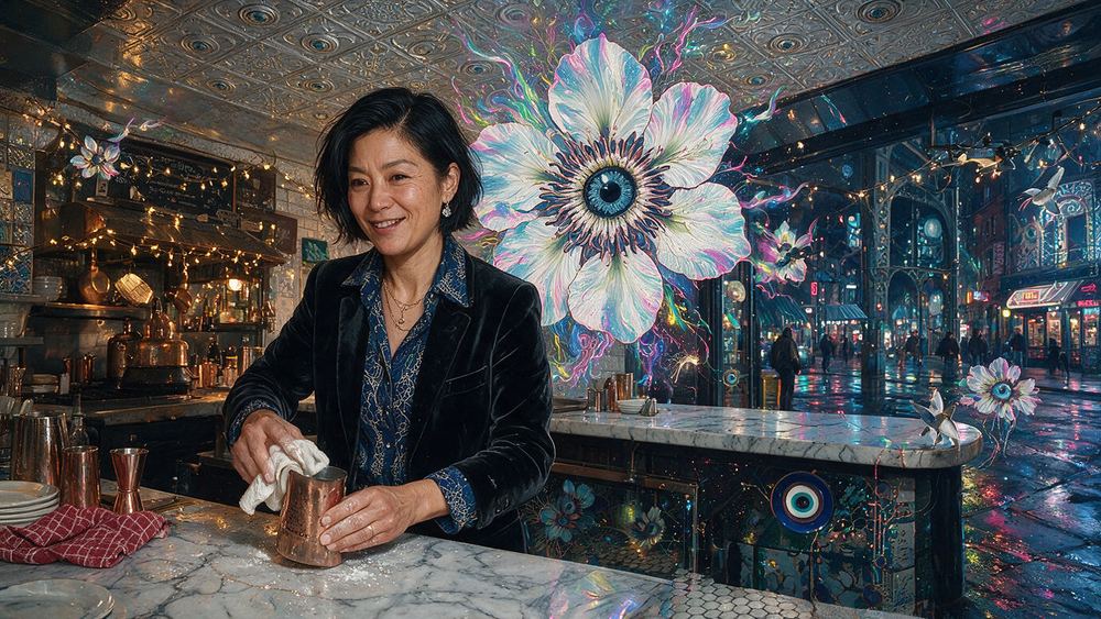 Ming-hua Ishikawa, a bartender in a back room with Christmas lights up all year