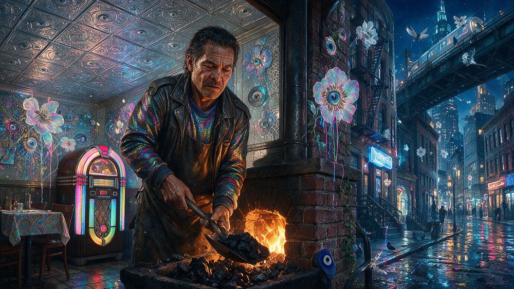Nestor Villanueva, a man who feeds the coal oven on a Bleecker Street corner