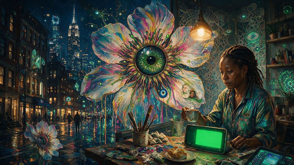 Yaa Camara, a painter watching a countdown at a kitchen table in Astoria at midnight