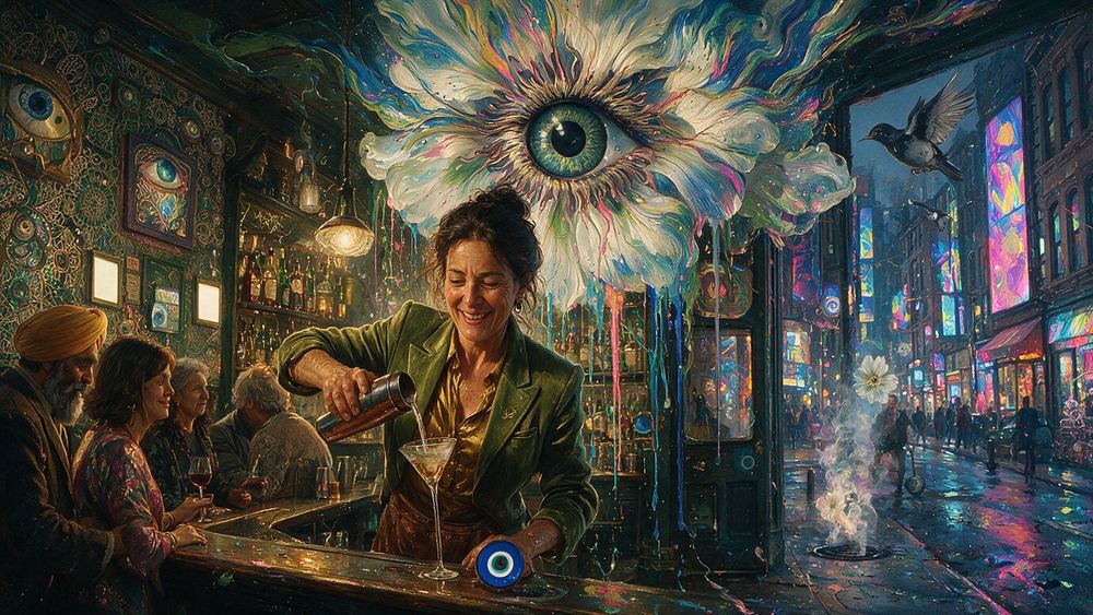 Petronella Fairweather, a woman pouring behind a dark bar in a low West Village room