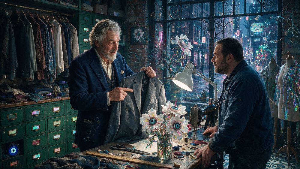 Kazimierz Melnyk, a tailor rebuilding a suit for a man who has changed shape
