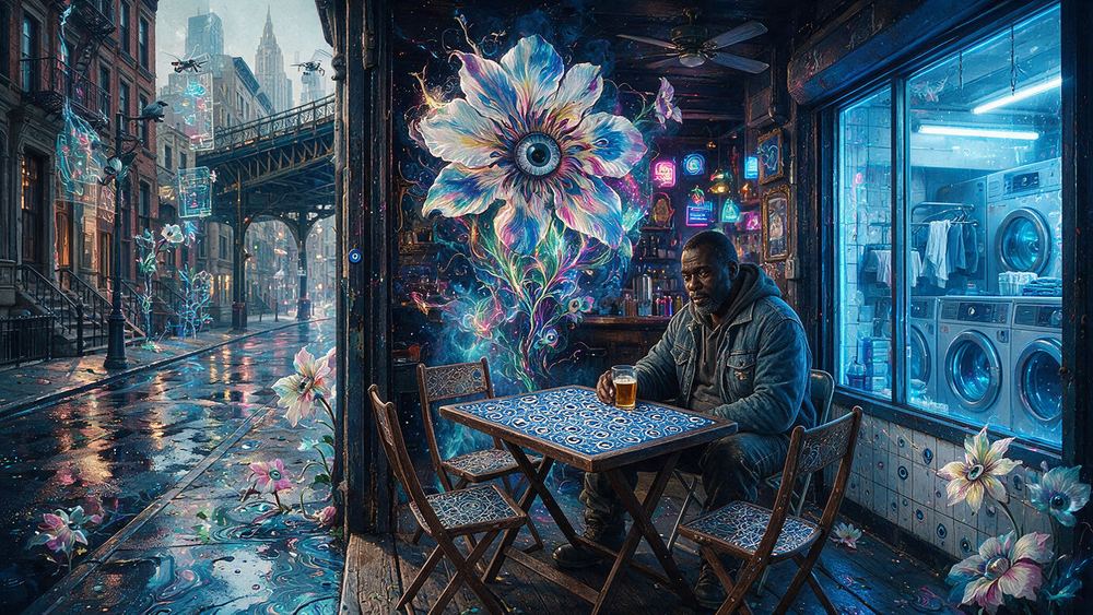 Obinna Toure, a laundromat owner in his plastic chair by the window