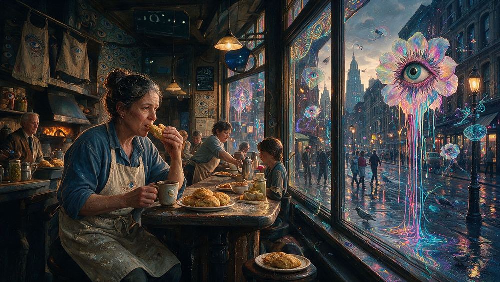 Leah Teitelbaum, a cook eating in a low ceilinged Chinatown room at three