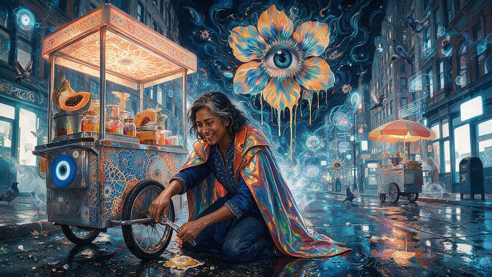 Priya Chakraborty, a woman selling coco helado from a pushcart