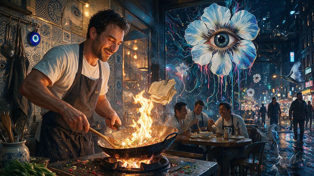 Aaron Kravitz, a wok cook with the flame climbing the wall