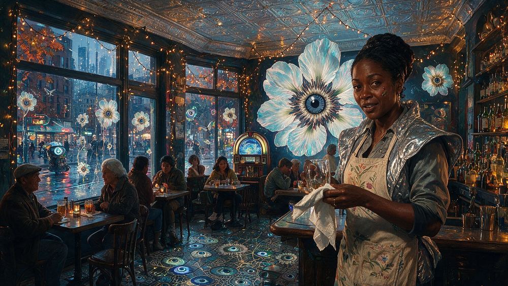 Fatoumata Nwachukwu, a bartender in a back room with Christmas lights up all year