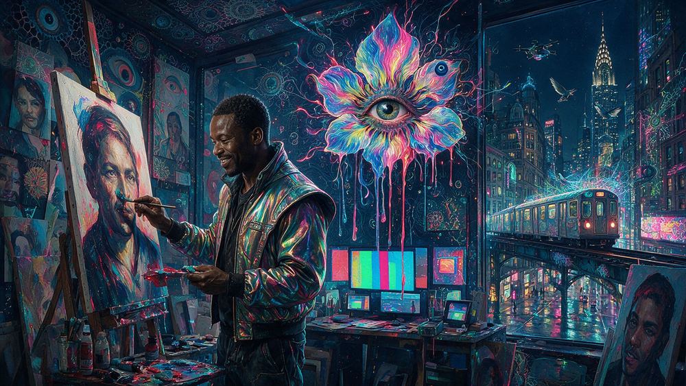 Boubacar Balogun, a man who builds every portrait in red and cyan so it stands off the wall