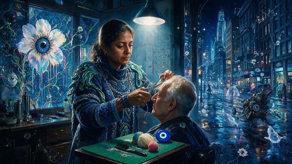 Shabana Ramaswamy, a woman who runs a knitting circle in a community room