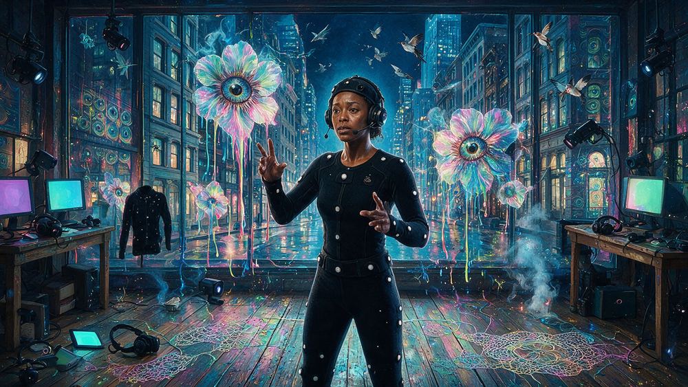 Camille Dorsainvil, a woman who performs a virtual character live in a motion capture suit