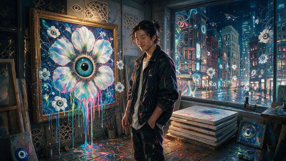 Shinji Matsuda, a young painter who has never sold a canvas in a gallery, only on the chain