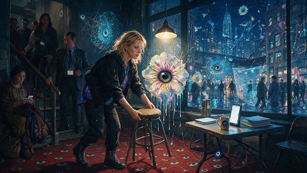 Iryna Danylchenko, a stagehand setting two stools under a single warm lamp