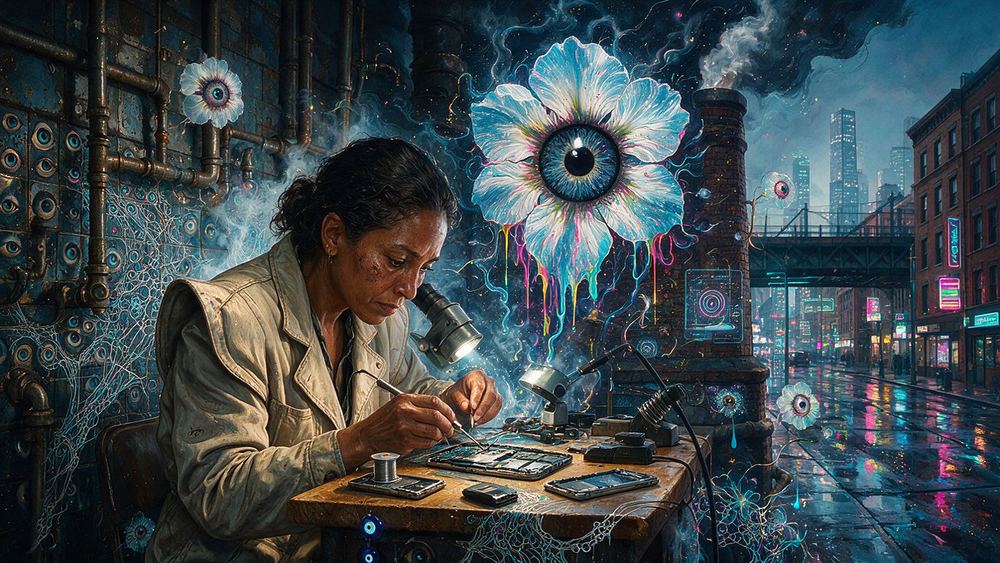 Yolanda Zambrano, a phone repair specialist under a microscope
