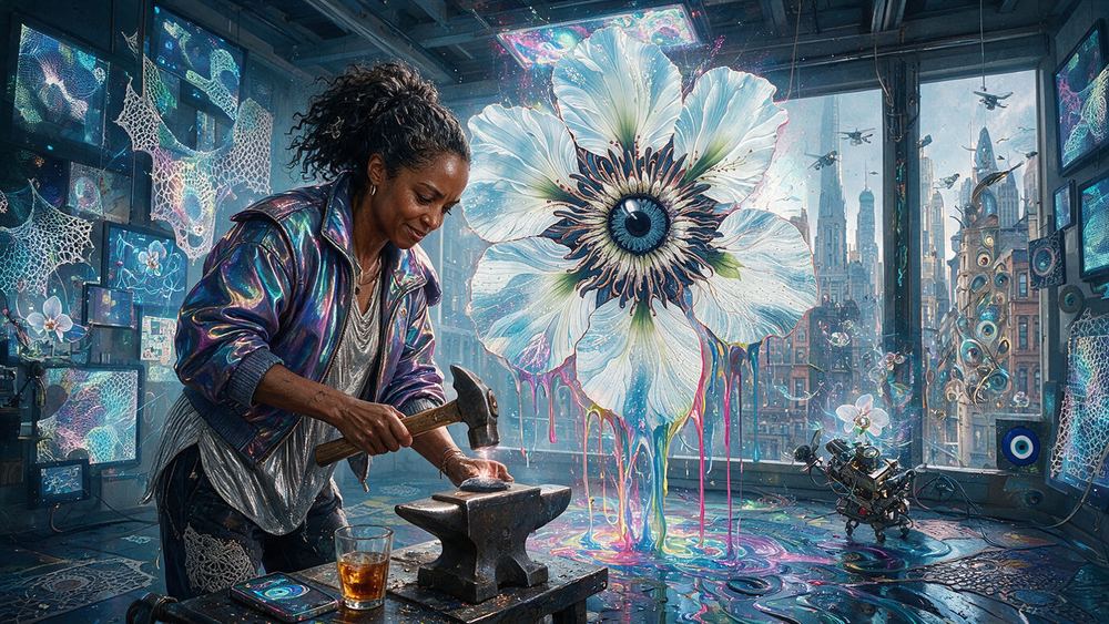 Latasha Hollins, a woman who curates a wall of screens in a Chelsea gallery