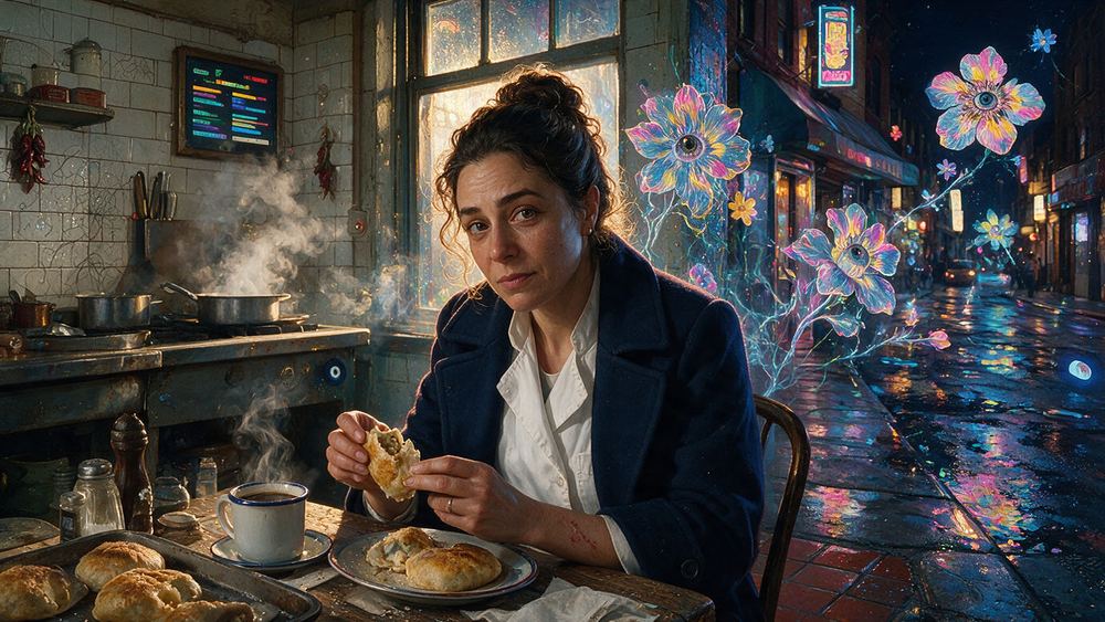 Maryam Farhat, a cook eating in a low ceilinged Chinatown room at three