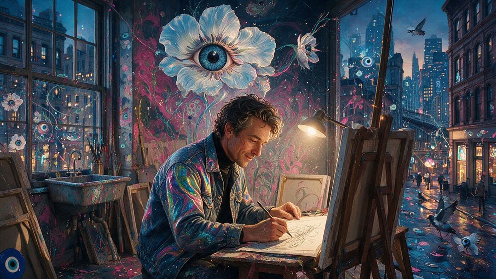 Lloyd Hyacinth, a man who draws at a desk under one lamp in a Bronx apartment