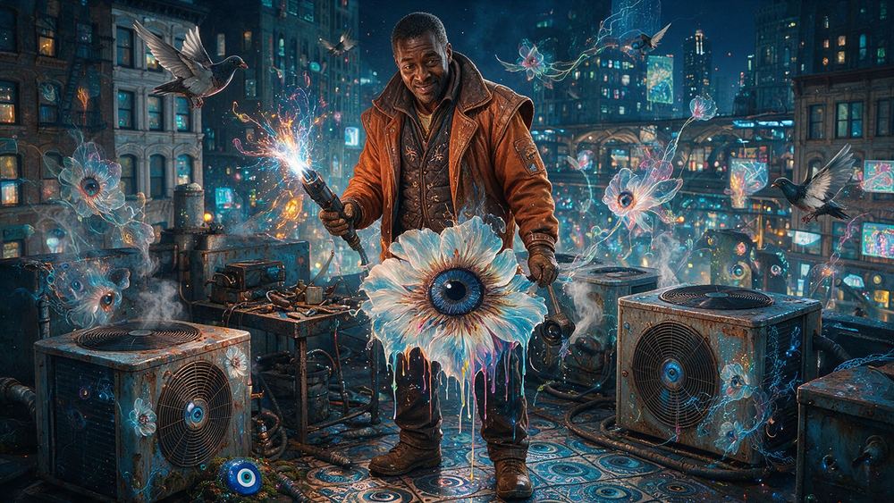 Kelvin Rucker, an HVAC tech on a roof in August
