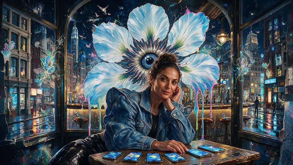 Xiomara Betancourt, a woman with six phones on one table at a Wall Street bar