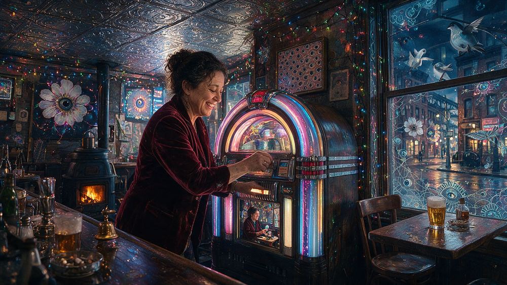 Bernice Whitlock, a bartender in a back room with Christmas lights up all year