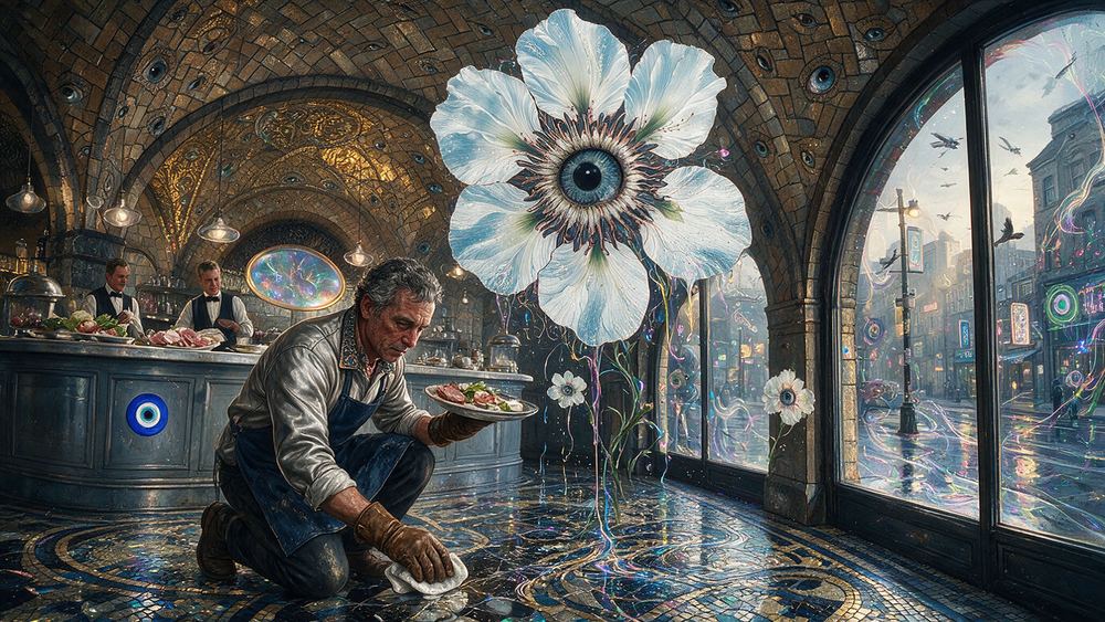 Otis Cheatham, a shucker behind a curved counter under vaulted herringbone tile