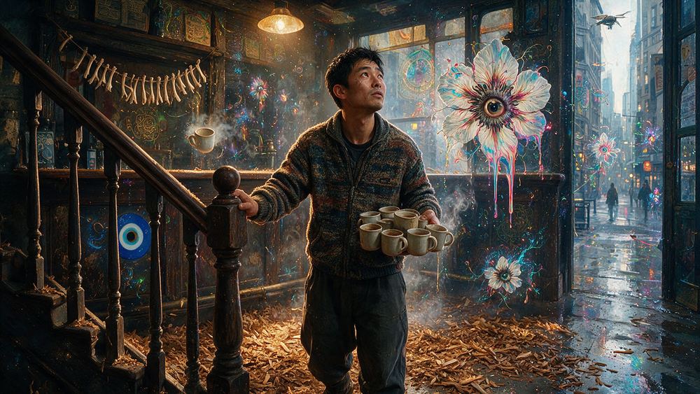 Hyun-woo Kobayashi, a man carrying ten small mugs in two hands across a sawdust floor