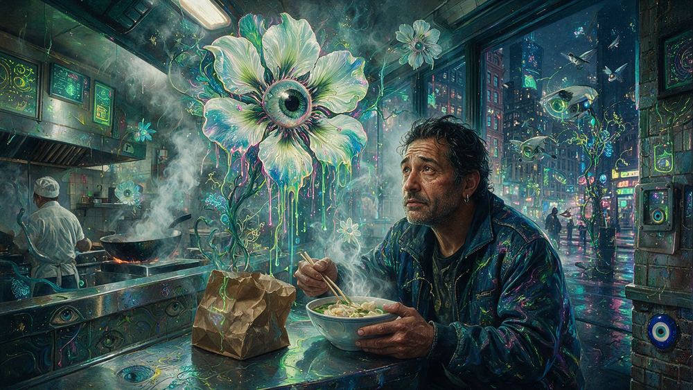 Ruben Cordero, a cab driver eating alone at a counter at two